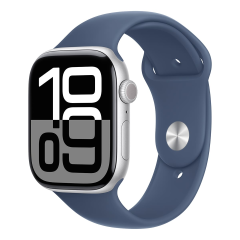 Apple Watch Series 10, 46 мм корпус из алюминия цвета «Silver», ремешок Sport Band размера S/M цвета «Denim»
