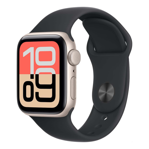 Apple Watch SE 3 (2025), 44 мм корпус из алюминия цвета «Starlight», ремешок Sport Band размера S/M цвета «Midnight»
