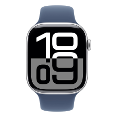 Apple Watch Series 10, 46 мм корпус из алюминия цвета «Silver», ремешок Sport Band размера S/M цвета «Denim»