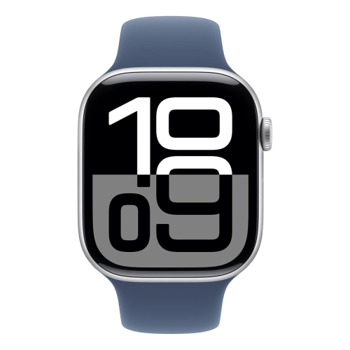 Apple Watch Series 10, 46 мм корпус из алюминия цвета «Silver», ремешок Sport Band размера S/M цвета «Denim»