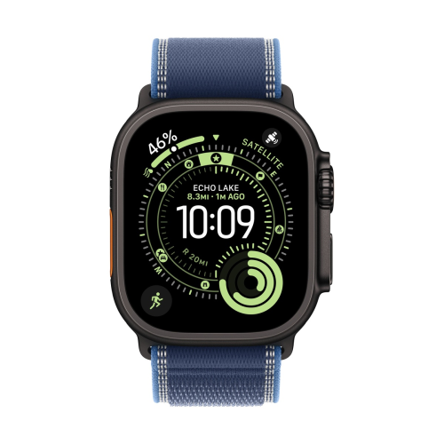 Apple Watch Ultra 3 (2025), 49 мм корпус из титана цвета «Black», ремешок Trail Loop размера S/M цвета «Blue/Bright Blue»